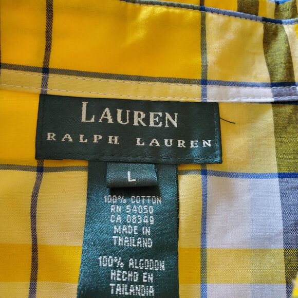 Lauren Ralph Lauren Yellow Blue Plaid Roll Tab Sleeve Button Up Blouse Large - Picture 8 of 14